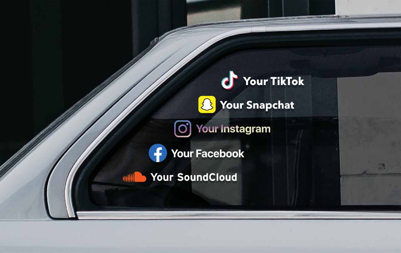 Custom social media stickers with your account name: Instagram, Facebook, Youtube, Snapchat, TikTok, SoundCloud