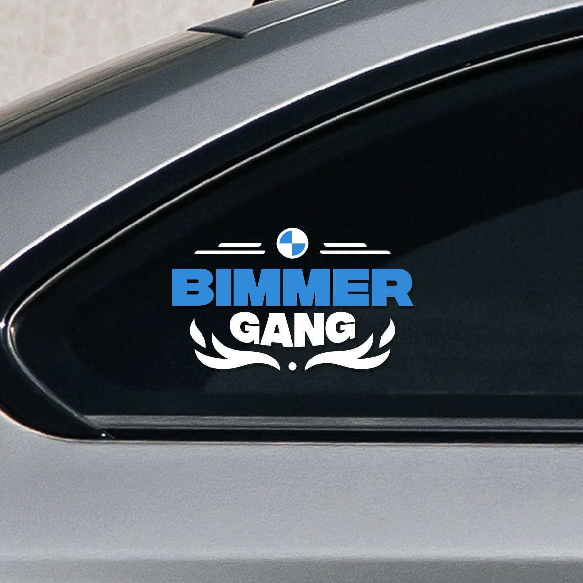 Dope Bimmer Gang contour cut sticker. Made of premium white and blue ORACAL vinyls. Sticker has a bmw logo, lettering and some flames.