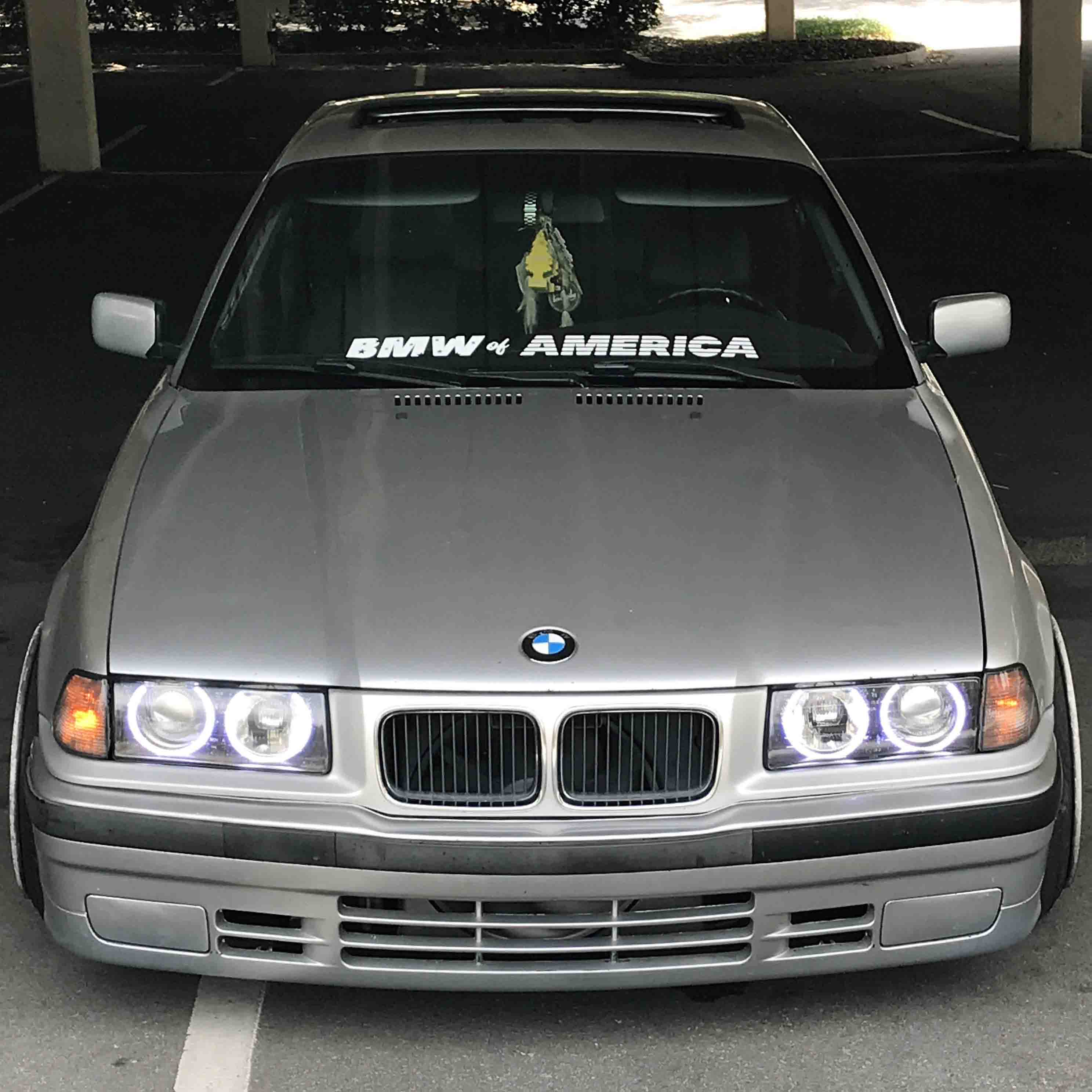 BMW of America windshield banner on our e36 project car