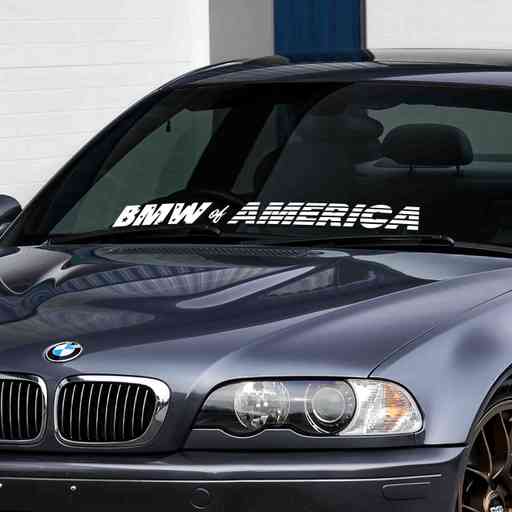 BMW of America windshield banner for sedans, coupes, tourings and SUVs. The lettering is themed with stars and stripes like American flag. Will fit any bimmer. Available in white and rainbow holographic colors.