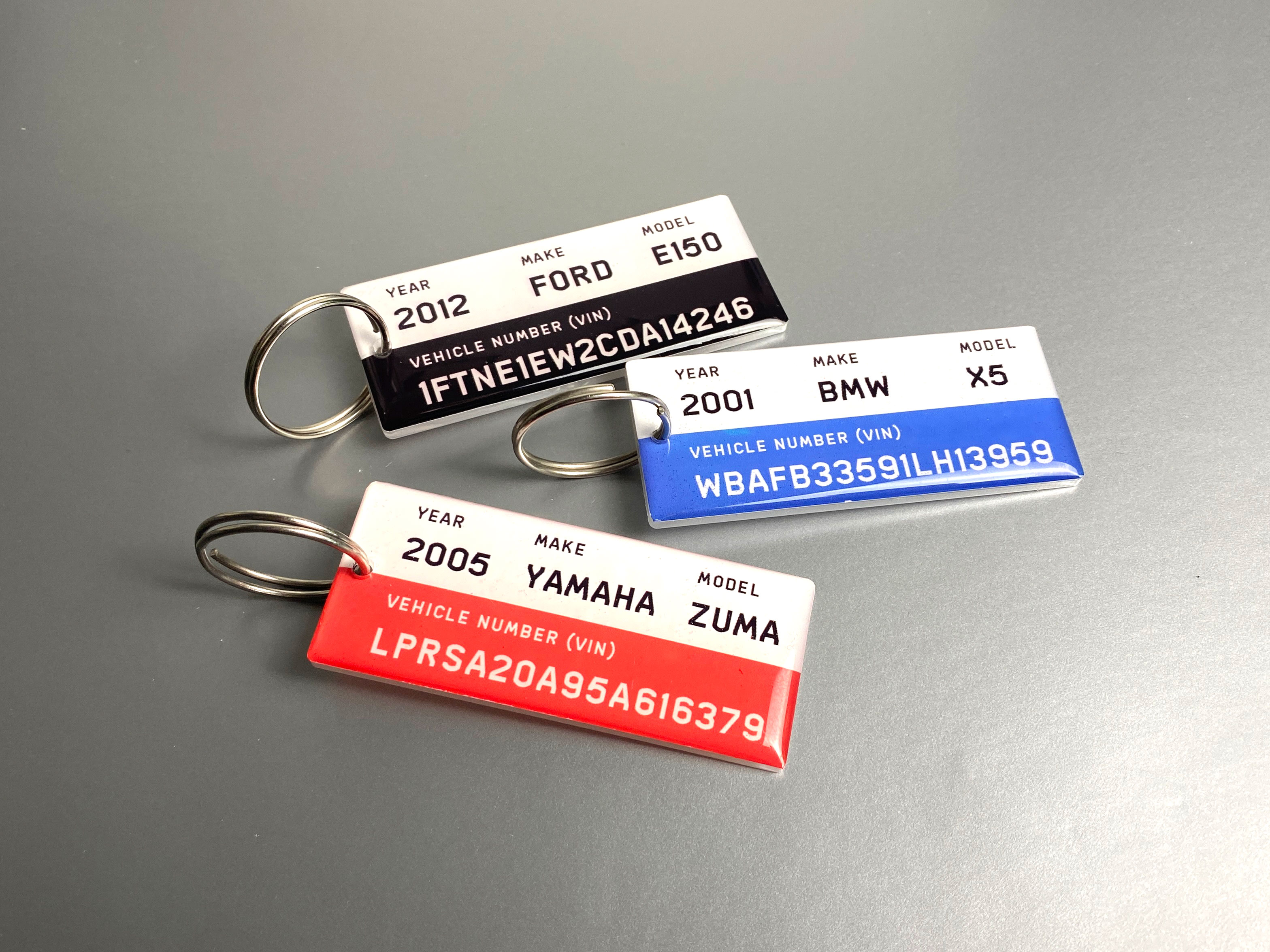Key ring for car enthusiasts, dealerships, commercial fleet. Key ring matches your vehicle color, has vehicle identification number (vin), manufacturing year, make and model.