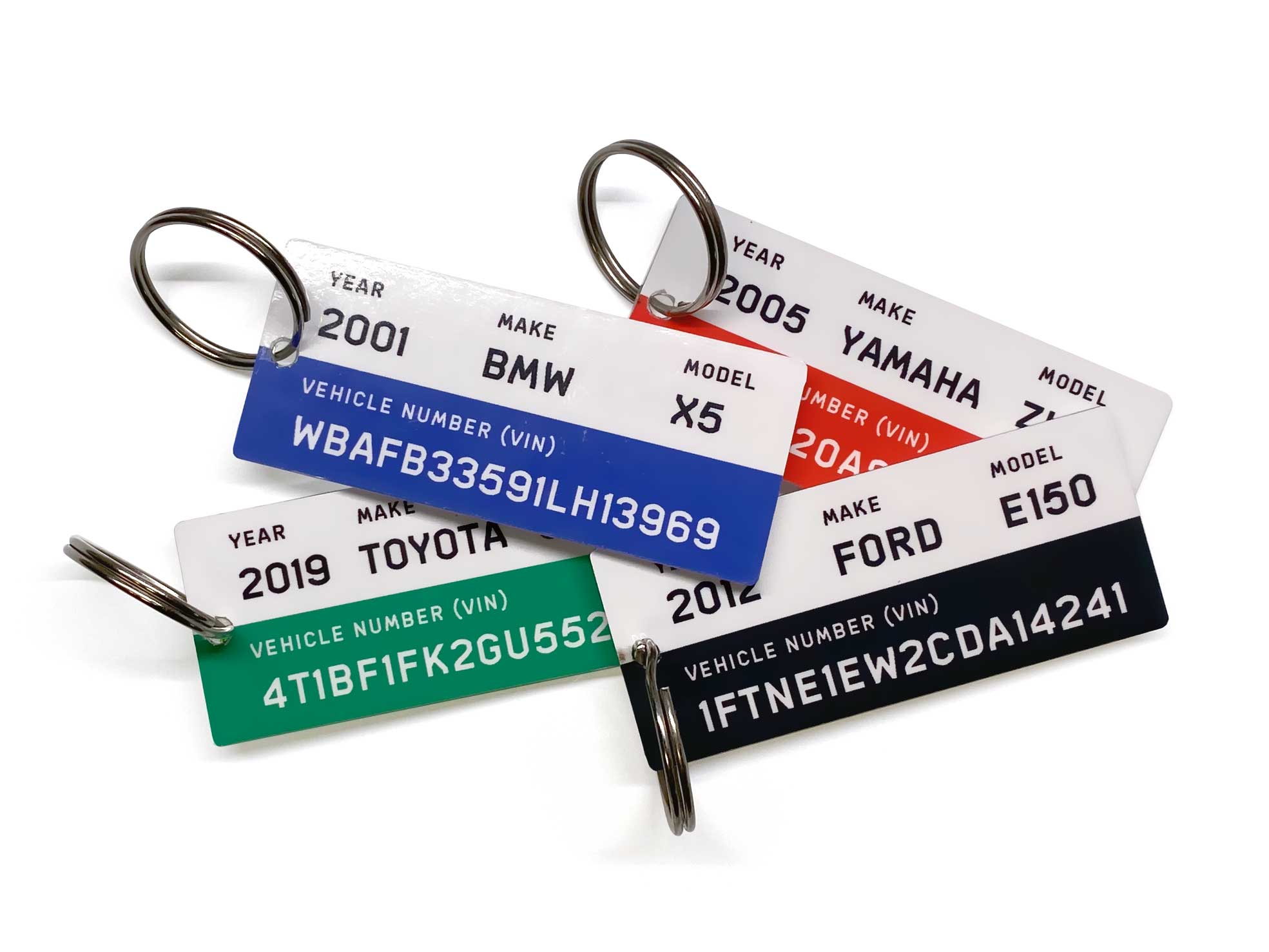 We offer key chains for vehicle owners, car enthusiasts and dealerships. Key ring tag has vehicle identification number (vin), manufacturing year, make and model.