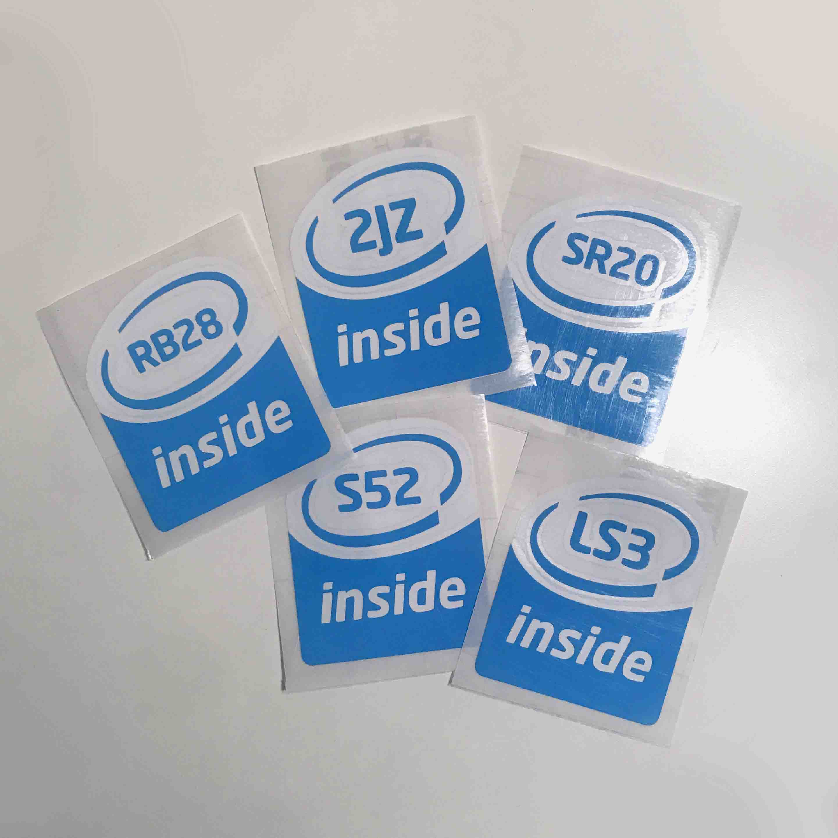 Custom engine sticker made to look like intel inside logo