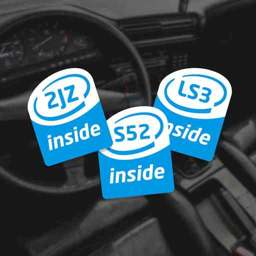 Buy two custom stickers with the engine model of your choice. Stickers resemble the Intel Inside logo. Use for S52, RB28, 2JZ, SR20, LS3 or any other engine type.