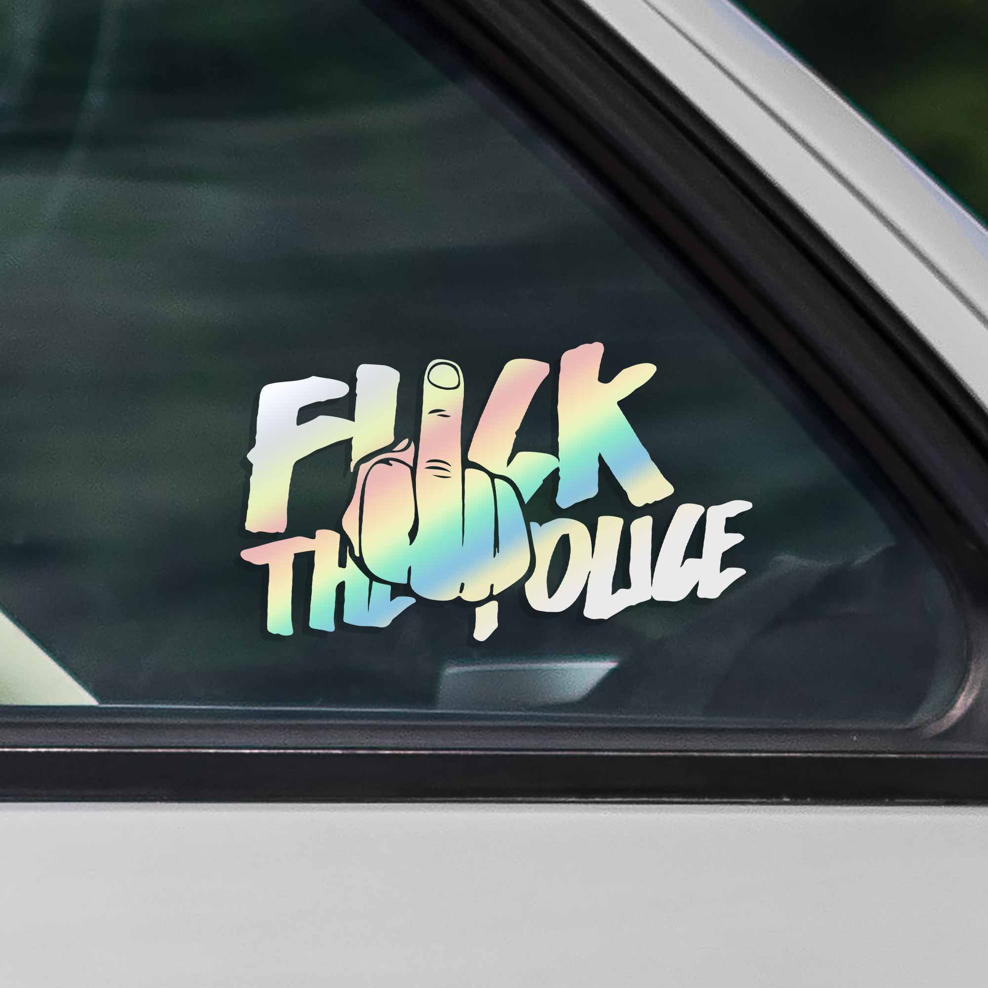 Fuck The Police sticker inspired by the punk and a.c.a.b. ideas. For cars and trucks. The hand flips off and covers some letters. Available in white and rainbow colors.