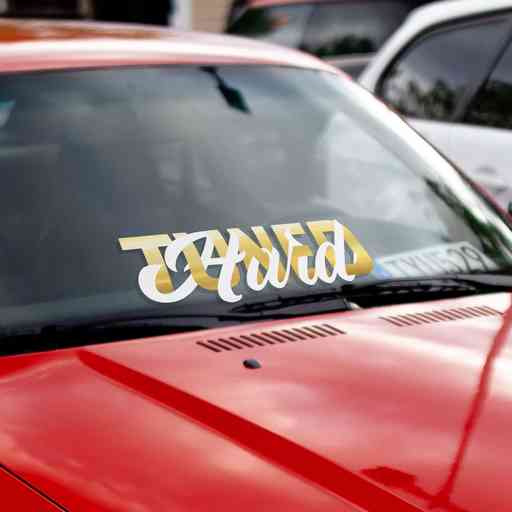 HARD Tuned windshield banner for cars and trucks. Has a nice lettering. Will fit any stanced, drift, lowered or modified vehicle. Available in white and red and gold and red colors.