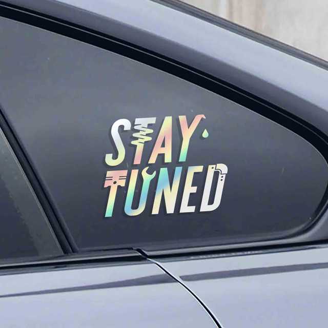 Stay Tuned sticker for modified cars and trucks. Sticker has a neat lettering themed with different car parts icons.