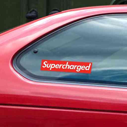 Sticker for supercharged vehicles. Designed to look like a famous skateboarding company. Die-cut of two vinyl sheets. Never fades out.