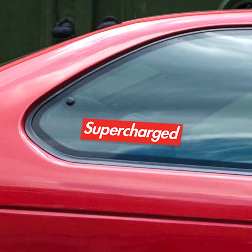 Sticker for supercharged vehicles. Designed to look like a famous skateboarding company. Die-cut of two vinyl sheets. Never fades out.