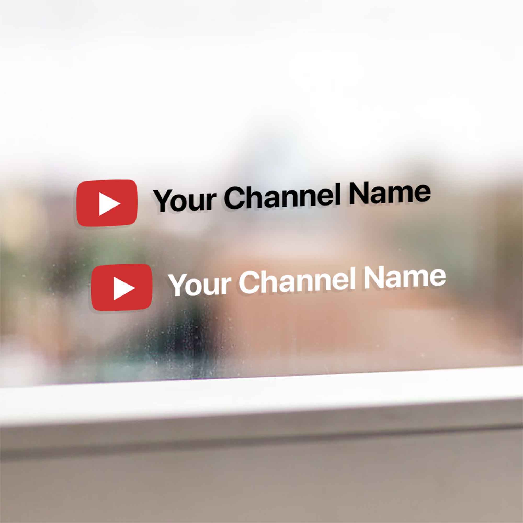 A set of two custom stickers with your YouTube channel name. Stickers are contour cut out of premium outdoor vinyls. Transparent background. Available in white and black colors. Stickers come with installation instructions.